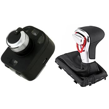 

1Pcs Black Car Side View Mirror Switch Knob & 1Pcs Auto Automatic Shift Knob Gear Shift Knob Shifter Head Pu Leather