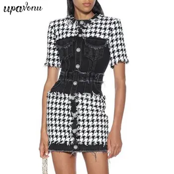 

Free Shipping 2020 New Women's Houndstooth Dress Vestidos Elegant O-Neck Short Sleeve Denim Stitching Bodycon Club Party Dresses