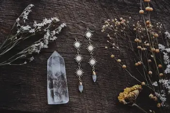 

Fantasy Witchy Celestial Bohemian Gold Plated Sun and Quartz Crystal Spike Earrings Boho & Hippie Style Earrings