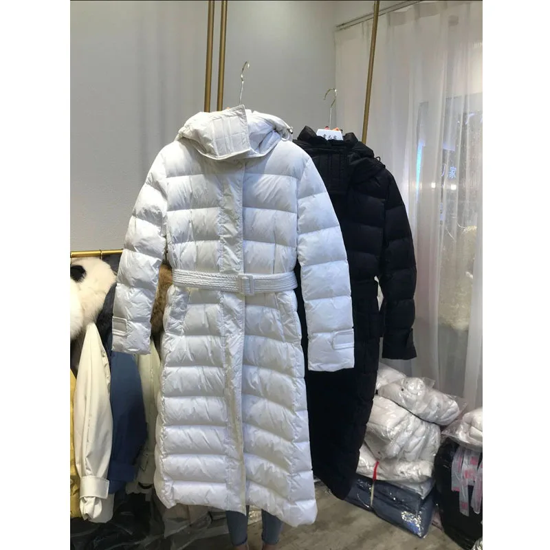 High-end Europe Hooded Down Jacket Women Long Thick White Duck Down Coat Winter Slim Fashion Ladies Parka Down Coats NS1562