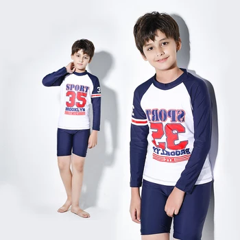

Teenage boy two piece swimwear bathing suit kids sport suit long sleeve shirt and blue shorts