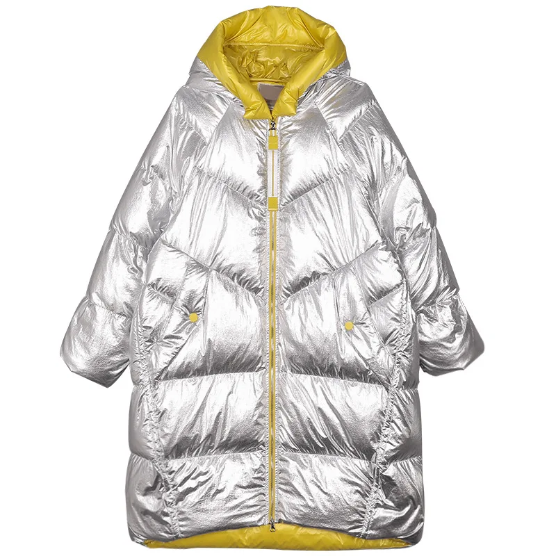 Beste Winterjas Vrouwen Lange Hooded Uitloper Waterdicht Meisjes Glanzend Zilver Katoen Gewatteerde Parka Warme Sneeuw Jas Vrouwelijke Kleur Blok