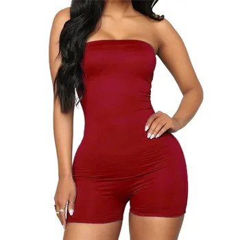 

Women Strapless Tube Jumpsuit Off Shoulder Solid Color / Camouflage Print Strapless Romper Casual Short Playsuit