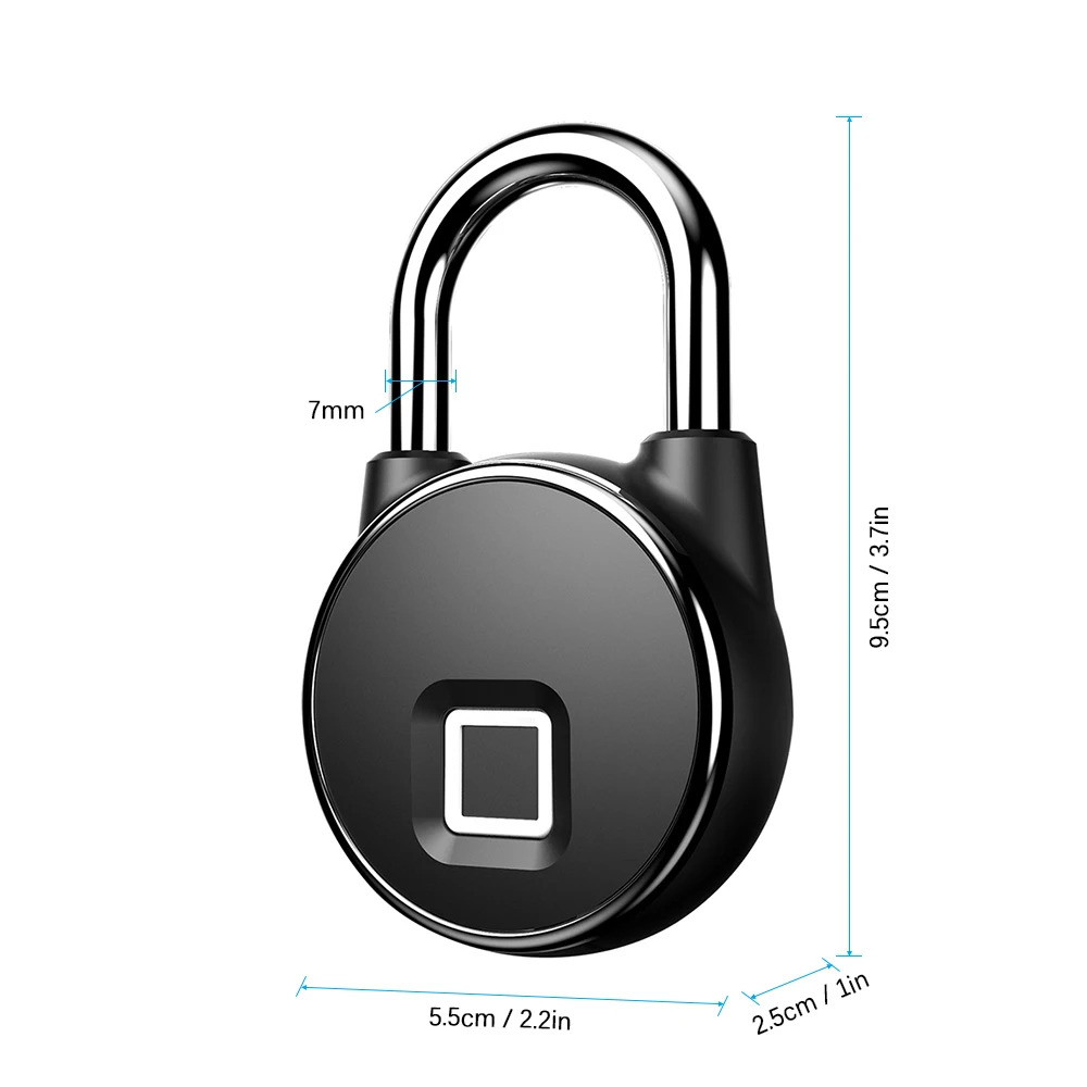 IP66 Waterproof Anti-Theft Security Padlock Rechargeable USB Smart Keyless Fingerprint Lock 10-Groups Fingerprints for Cases&Bag