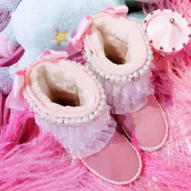 Handmade beaded bow lace flower leather warm in the tube flat female cotton shoes snow boots