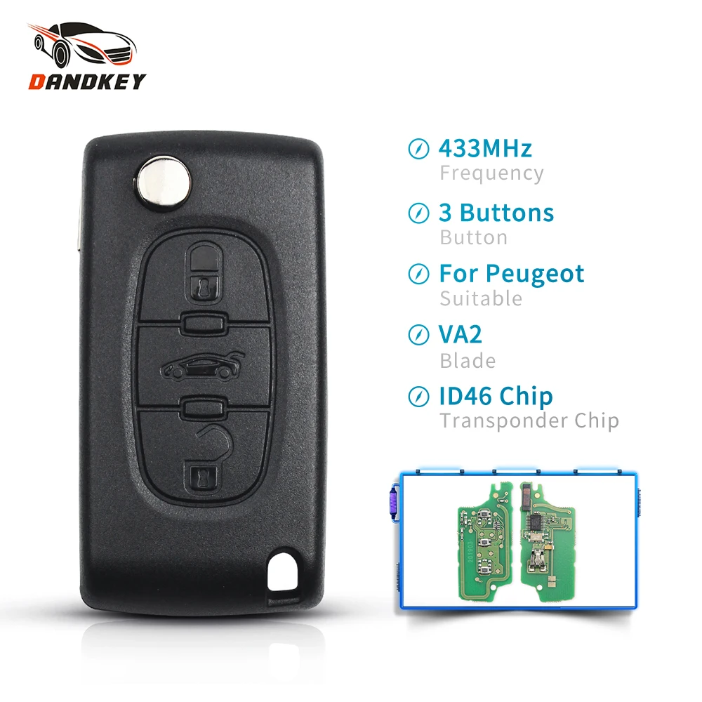 Dandkey для peugeot Partner 207 208 307 308 408 3 кнопки флип Автомобильный Дистанционный ключ 433 МГц подходит CE0536 Fob Uncut VA2 Blade ID46 чип