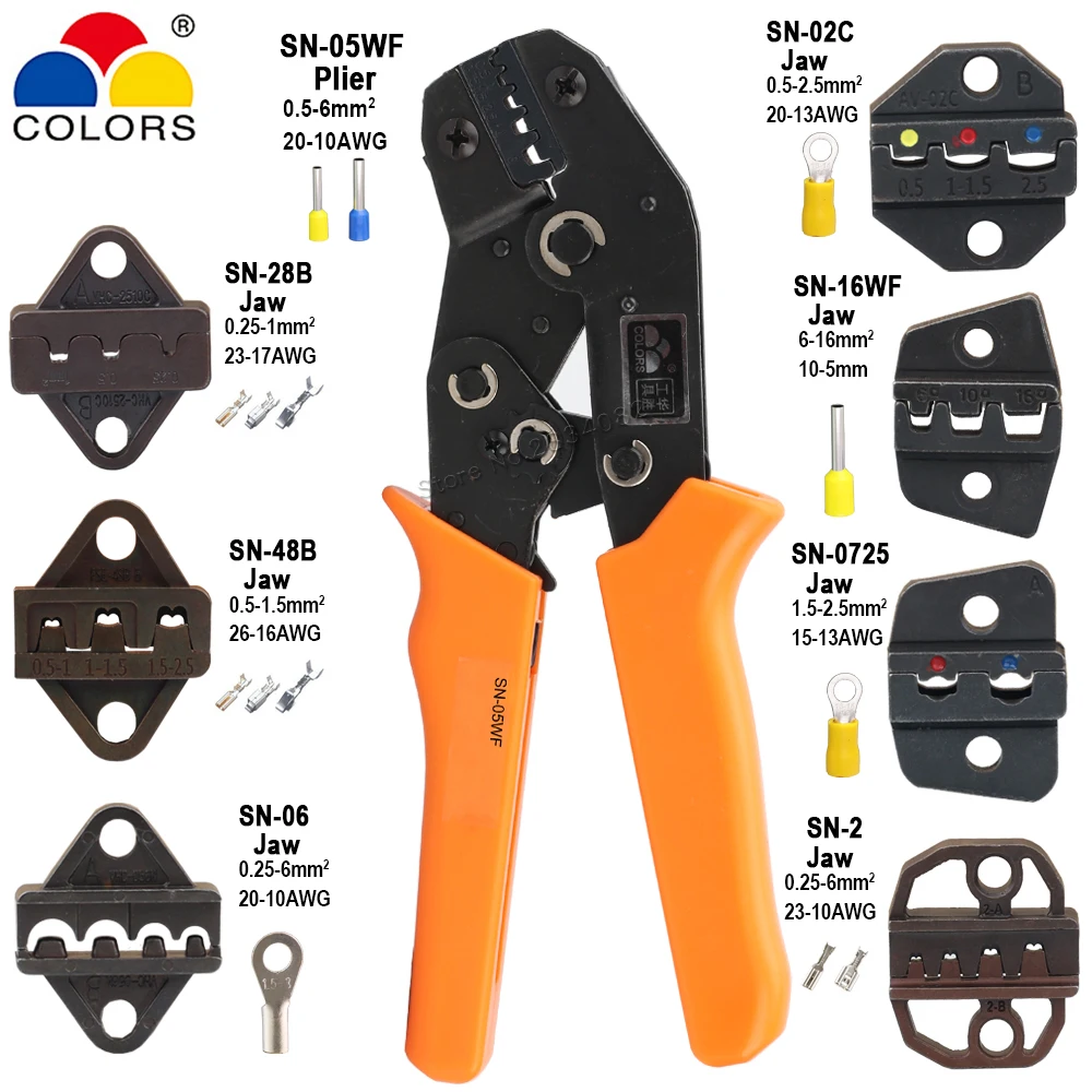 SN-05WF Crimping Pliers 0.5-6mm2 Insulated Non-insulated Ferrules Terminals Crimper 20-10AWG Jaw Set Kits 190mm Clamp Plier | Инструменты