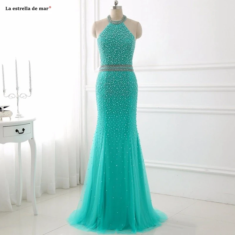Vestidos de gala, новинка, Тюлевое, Жемчужное, с круглым вырезом, с открытой спиной, бирюзовое, сексуальное, Русалка, платья для выпускного вечера, длинное, торжественное, jurken, mezuniyet, elbiseleri