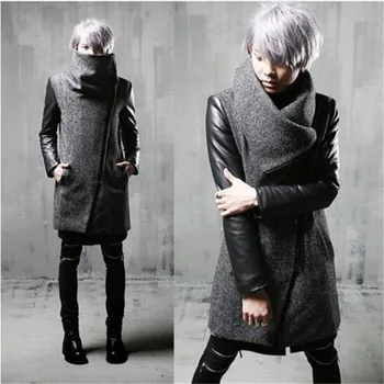 

Winter men inclined zipper leather patchwork woolen trench coat long jacket men slim fit punk hip hop coat gothic warm jackets