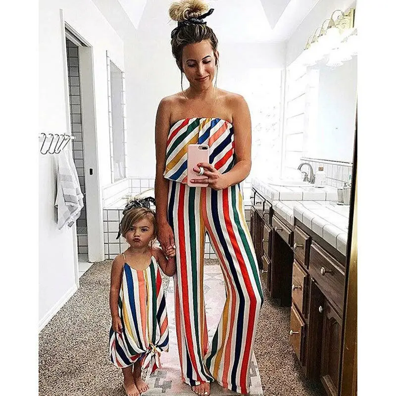 

Family Matching Outfits 2019 Summer Striped Mother and Daughter Clothes Mom Off-shoulder Ruffle Long Jumpsuit Kids Girls Dresses