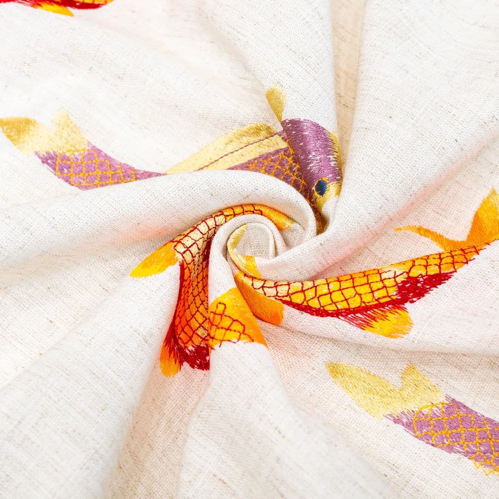  Embroidery Fish Decorative Linen Tablecloth With Tassel Waterproof Oilproof Thicken Rectangular Wed