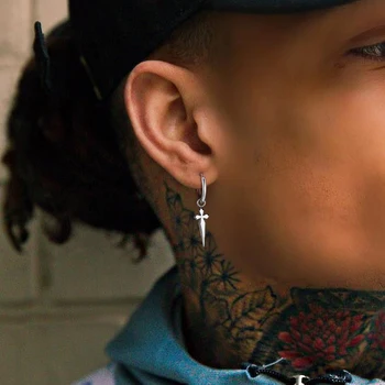 Men Huggie Hoops Earring, Minimal Sword Cross Dangles Earrings, Stainless Steel Men's Biker Jewelry