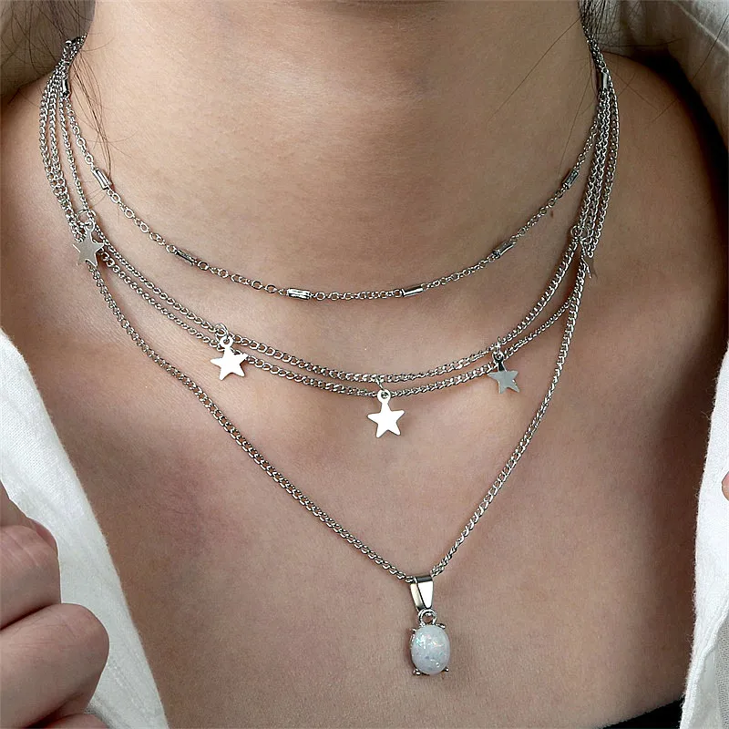Boho Women Multi-layer Gold Silver Chain Pendant Crystal Choker Necklace Jewelry 