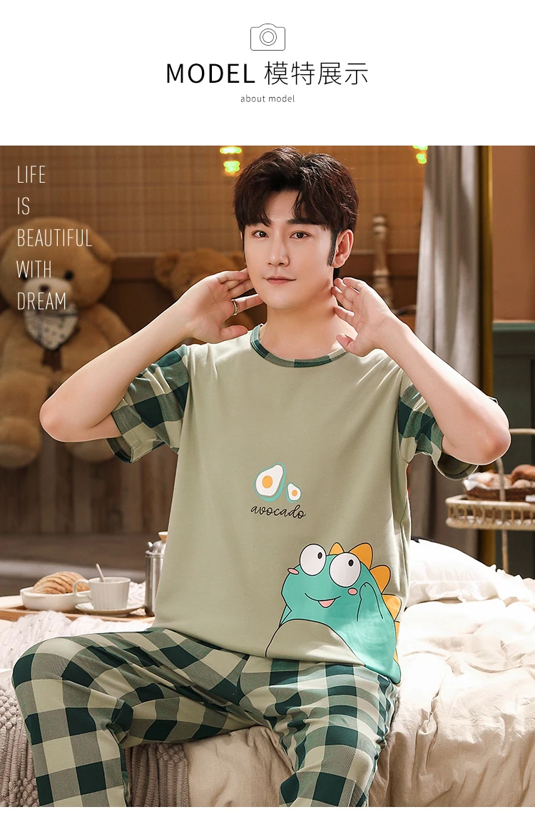 Summer Knitted Cotton Cartoon Mens Pyjamas Pajamas Casual Short Sleeve Long Pants Sets Men's Sleep Lounge Night Pijamas 4XL Home men's silk pajamas