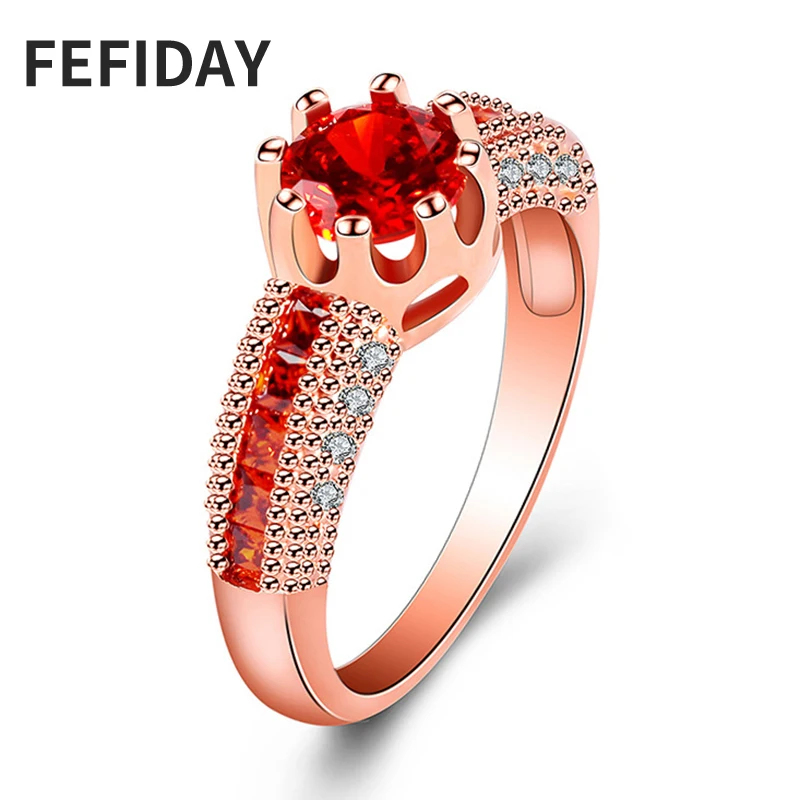 FEFIDAY Female Eternity Wedding Rose Gold Engagement Ring With Red Stone Fashion Finger Jewelry Women Rings For Girls | Украшения и