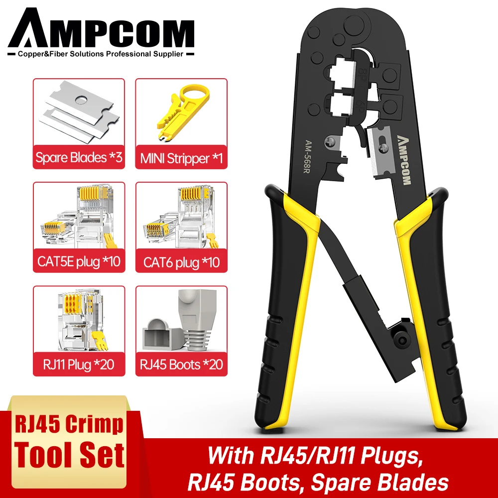 AMPCOM RJ45 Crimping Tool, 8P/6P-RJ11, RJ12 Crimper Cutter Stripper Crimper Cutter Stripper Plier 