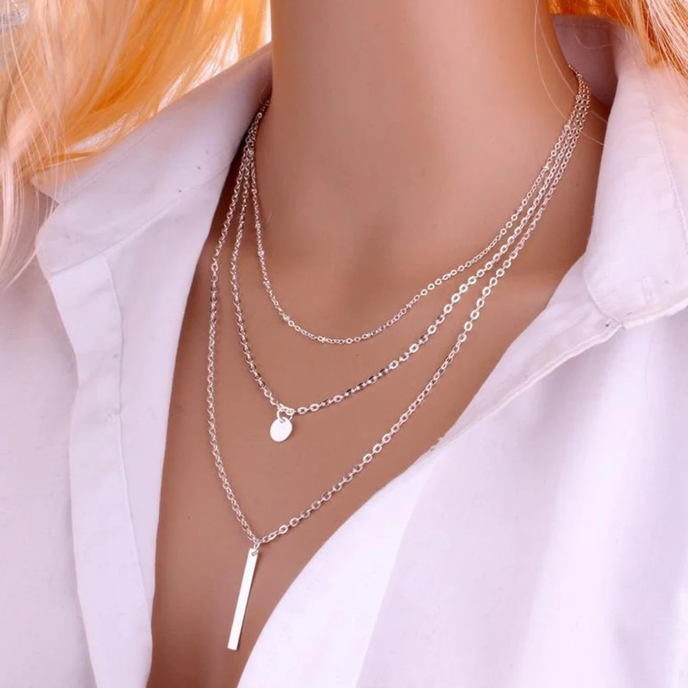

2019 New Women Fashion Gold Color 3 Layers Chain Necklace Hollow Out Triangle Long Pendant Necklaces Jewelry Jewelry Gift