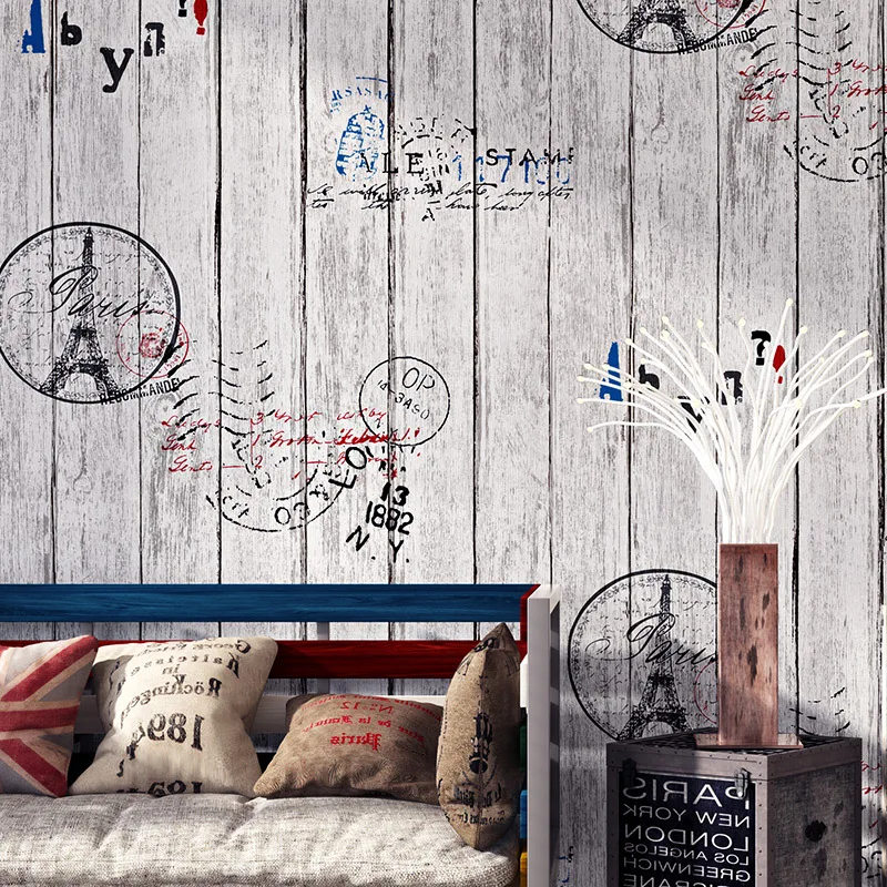 

Retro Nostalgic Cartoon British-Style Wood Grain Wallpaper Eiffel Board Restaurant Coffee Shop PVC Wallpaper