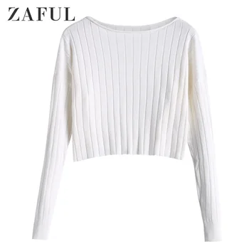 

ZAFUL Women Drop Shoulder Cropped Sweater Pullover Slash Neck Long Sleeve Top Spring Fall Basic Solid Knitwear