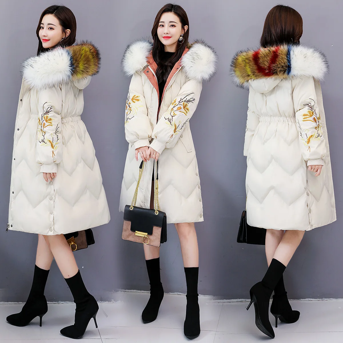 

Cotton-padded Clothes Solid Color 2018 Winter Mid-length Thick Long Sleeve Slim Fit Trend Thick Versatile Simple