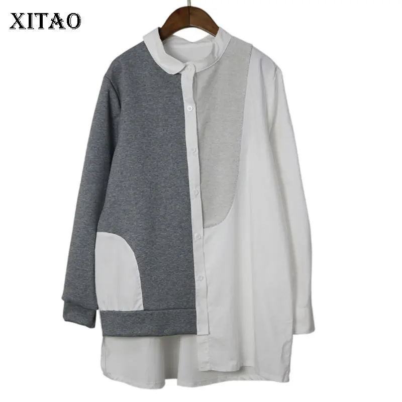 white ZLL4520 XITAO необычная Лоскутная блуза хит цвета женская одежда модная Свободная Повседневная рубашка с воротником-стойкой размера плюс Новинка ZLL4520 - Цвет: white ZLL4520