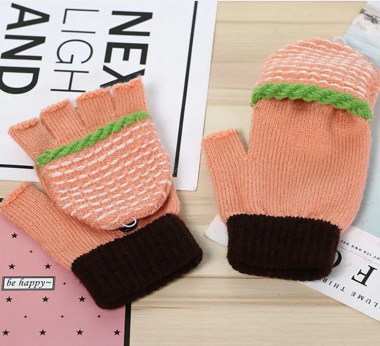 

CHILDREN'S Gloves Half Finger Flip Men And Women Children Doing Homework Fingerless Knit Faux Cashmere Full Finger Refers Cute K