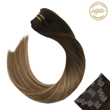

Ugeat Clip in Hair Extensions Human Hair 14-24" Machine Remy Hair 120g/10pcs Balayage Brown Color Hair Extensions Thick Hair