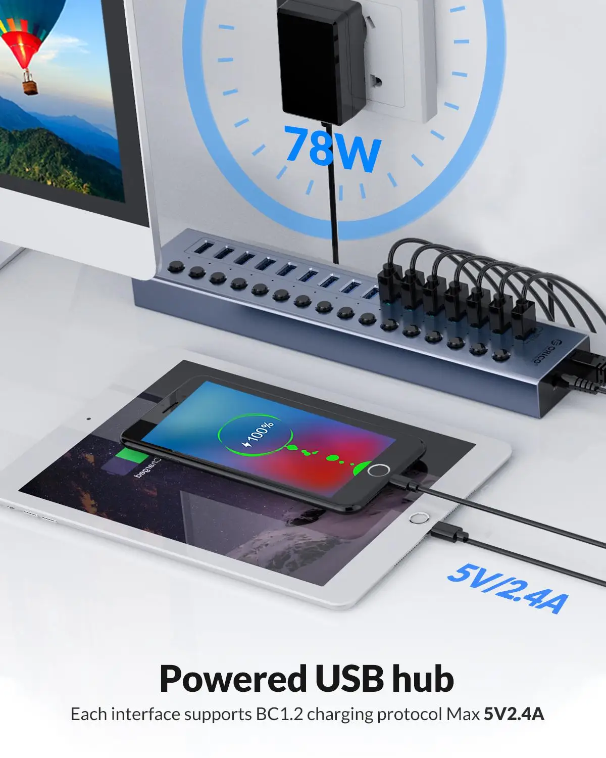 Hub Usb 3.0 Alimentado por Orico Extensão Usb com Interruptores Ligados e Desligados Suporte para Adaptador de Energia Divisor de Carregamento Bc1.2 Portas 10 Portas 13 Portas 16 Portas 12v - Imagem 3