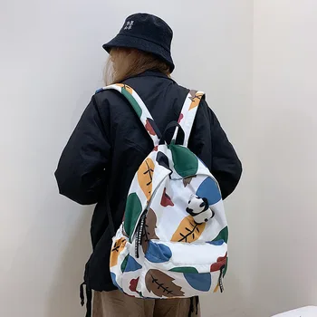 

Women Canvas Schoolbag Female Vintage College Student Backpack Printed Simple Brand Backpack Leaf Printing Large Travel Bag