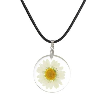 

Doreen Box Handmade Boho Resin Dried Flower Daisy Necklace Transparent Ball Chain Silver Color White Round 45cm long, 1 PC