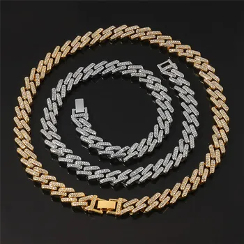 

13mm Iced Out Bling Rhinestone Golden Hip hop Jewelry Choker Necklace Finish Miami Cuban Link Chain Necklaces for Men Rapper