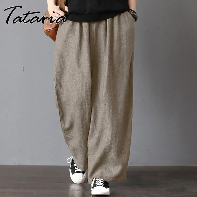 Gray Pants Trousers Female Waisted Wide-Leg Elastic Loose Streetwear Khaki Elegant Plus-Size