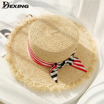 

New Summer Sun Hats Women Fashion Girl Raffia Hat Ribbon Bow Beach Hat Casual Straw Flat Top Panama Hat Bone Feminino