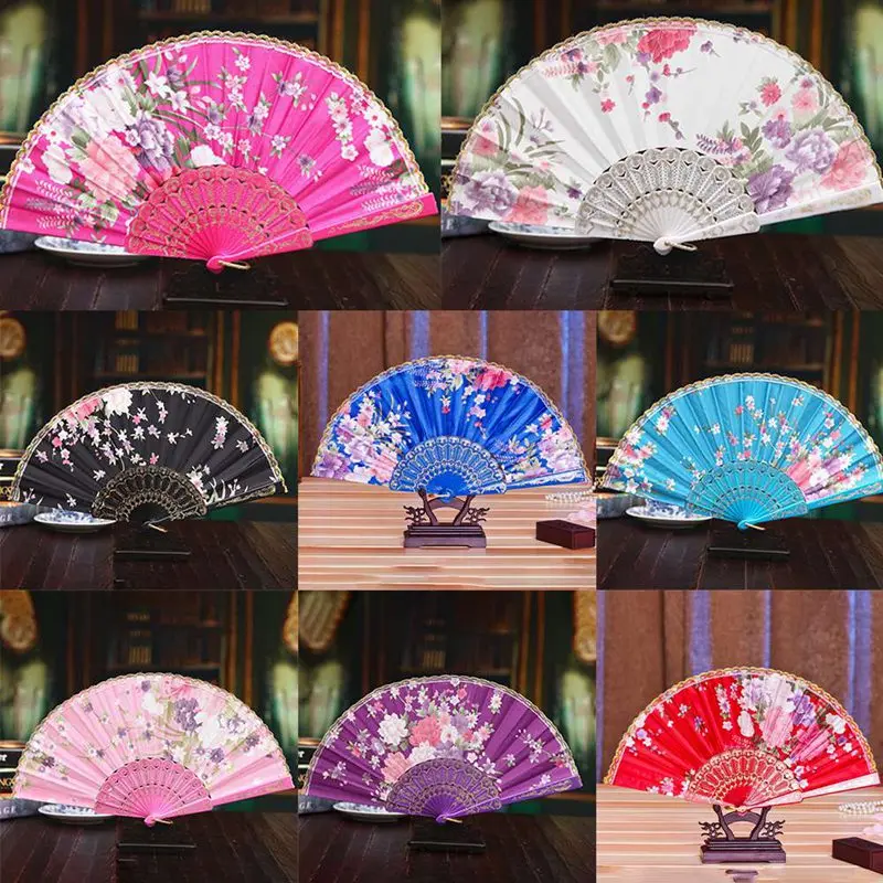 Best Summer Chinese Spanish Style Dance Wedding Party Lace Silk Folding Hand Held Flower Fan Gift Colorful Dropshipping