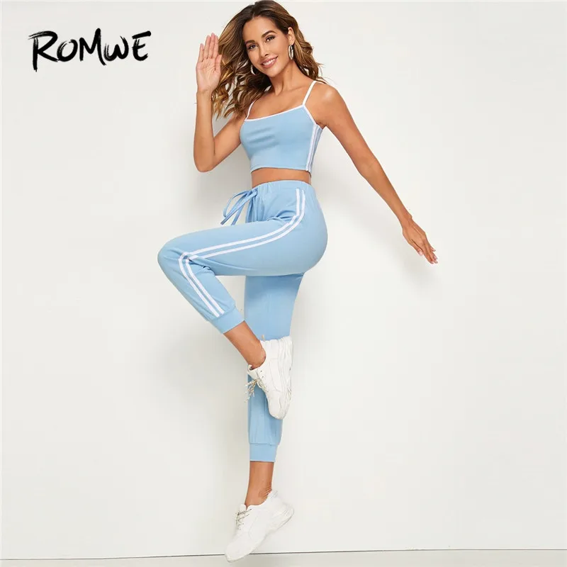 

Romwe Sport Side Striped Cami Top and Sweatpants 2 Piece Set Women Gym Sportswear Workout Crop Top Autumn Yoga Matching Sets