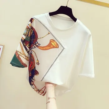 

Tshirt Women 2020 Summer New Fashion Splicing Satin Print Women's Short Sleeve T-shirt Female Casual Shirt Ladies Tops Black