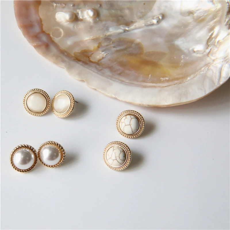 

QCOOLJLY Vintage Round Marble Stone Big Stud Earrings For Women Fashion Temperament Simulated Pearl Earrings Brincos Jewelry