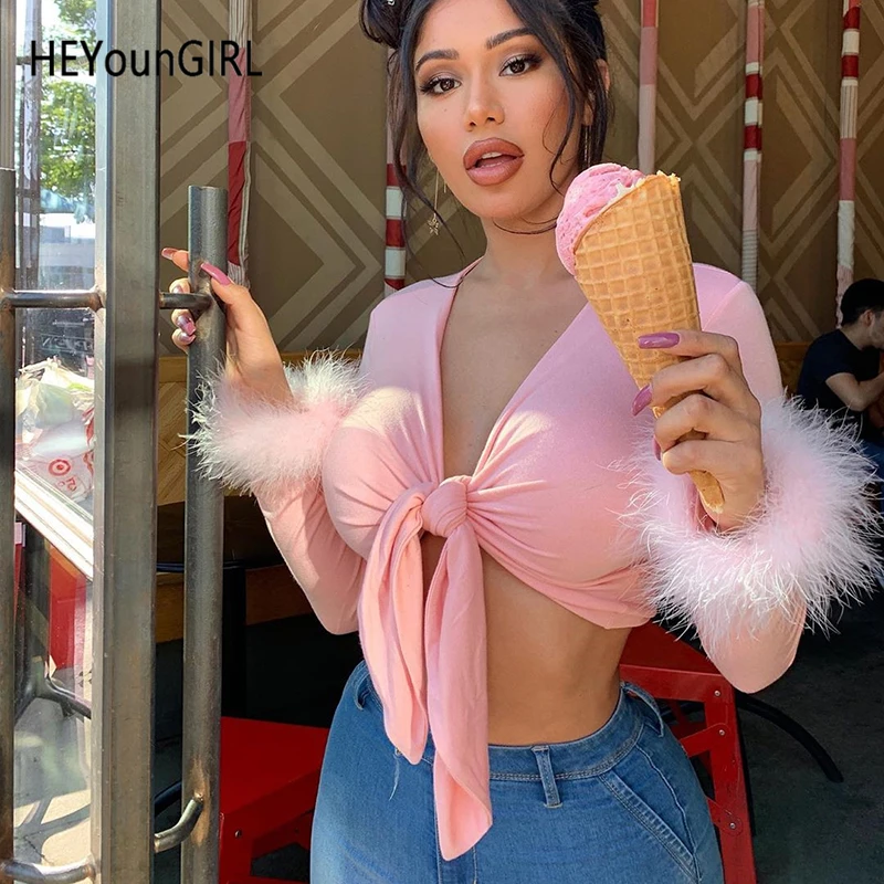 Сексуальные футболки HEYounGIRL с V образным вырезом для женщин укороченный Топ