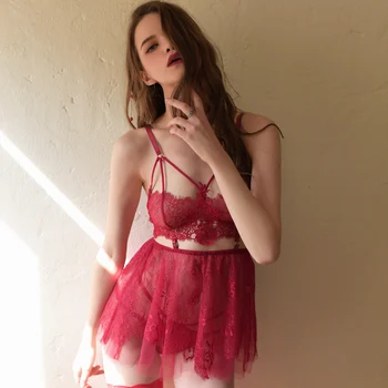 

Black White Red Sexy Ultra-thin Pajamas Female Eyelashes Lace Openwork Perspective Thin Straps Nightdress Sexy Set Sleepwear