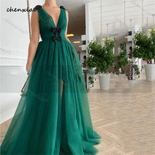 

Green Polka Dot Long Prom Dresses Pleats Deep V-Neck High Slit Evening Dress 2022 Black Beaded Bow Wedding Party Dress
