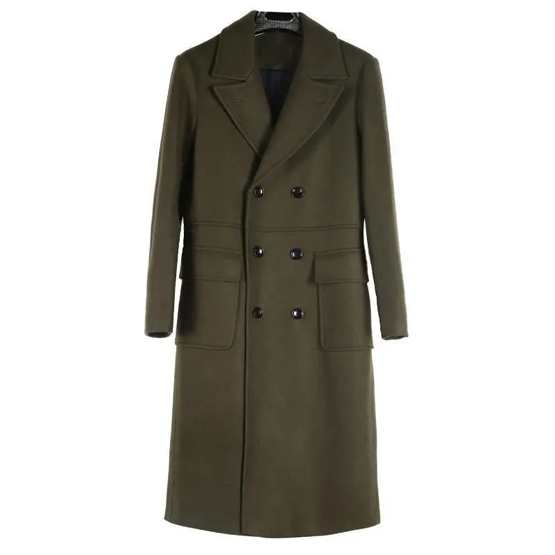 New Winter Wool Coat Male Luxury Double Breasted Thick Long Style Mens Jackets And Coats Plus Size 6xl Solid Color Man Trench - Цвет: ARMY  GREEN