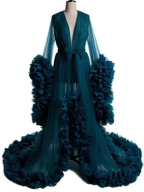 Maternity Robes Women Long Tulle Bathrobe Dresses Photo Shoot Birthday Sexy Bridal Fluffy Party Sleepwear Custom Made Gown 2021 11