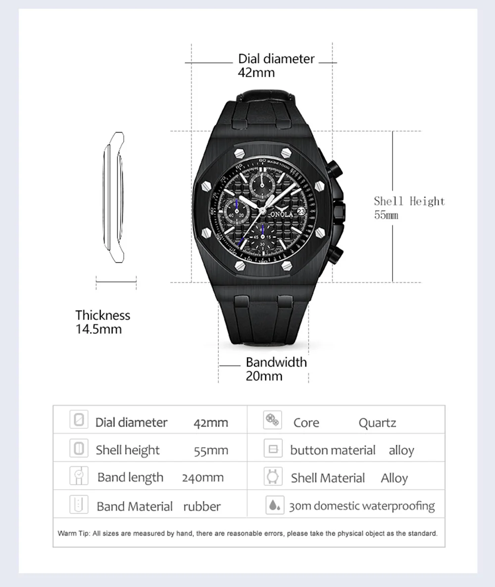 Fashion Classic Quartz Men watch Chronograph Waterproof Rubber Belt Date Wristwatch Rose Gold Metal Watch