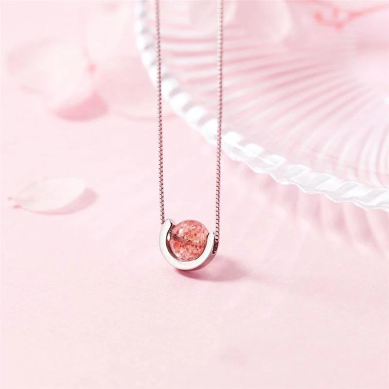 Heart Natural Strawberry Crystal Pink Wafer Bead Transit Silver Color Necklace For Women Fashion Jewelry Party Birthday Gift