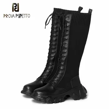 

Prova Perfetto Fashion All-match Women Boots Genuine Leather Lace-Up Thick Bottom Chunky Heel Round-toe Retro Female Knee Boots