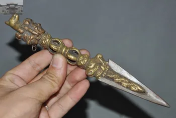 

wedding decoration 8"Old Tibet Tantra Bronze Meteorite iron Dorje Head Vajra Phurba dagger Talisman