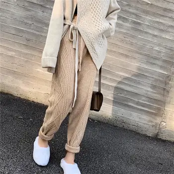 

Women Knitted Fall Winter Haren Pants Elastic Waist Twist Knitting Trousers Solid Lace Up Loose Casual Wool Pants Knit