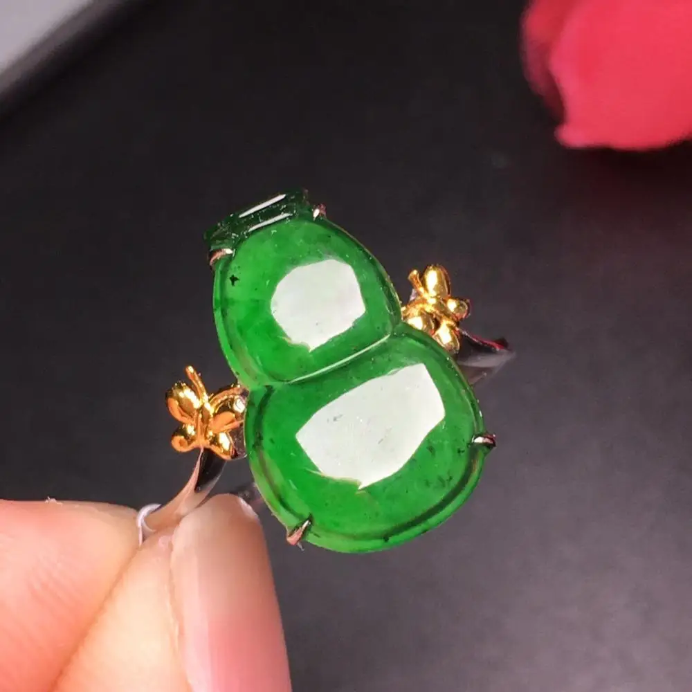 

Fine Jewelry 18K Gold Real Myanmar Origin Natural Green Jade Gourd Gemstone Diamonds Female Rings for Women Fine Ring