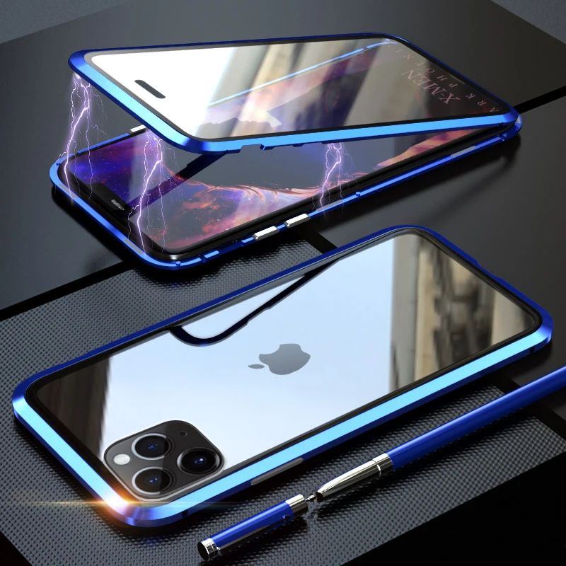 Роскошный Алюминиевый металлический бампер двухсторонний прозрачный стеклянный Магнитный чехол на iPhone 11 Pro Max Магнитные Чехлы 360 Защитный чехол - Цвет: Blue