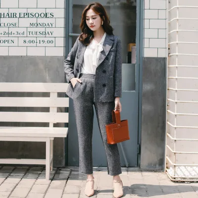 

Classic Deep Gray Women Pant Suit OL Style 2 Pieces Set Notched Blazer & Pencil Pant Work Suits 2019 Autumn PV49
